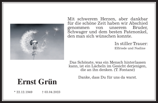 Traueranzeige von Ernst Grün von Giessener Allgemeine, Alsfelder Allgemeine