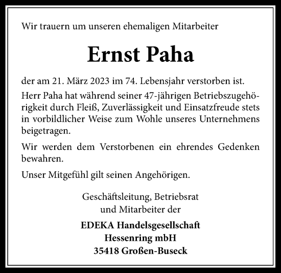 Traueranzeige von Ernst Paha von Heimatzeitung Grünberg + Laubach