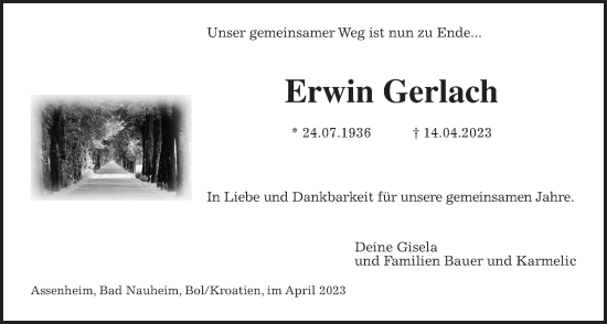 Traueranzeige von Erwin Gerlach von Wetterauer Zeitung