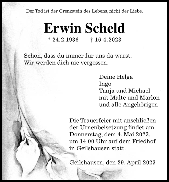 Traueranzeige von Erwin Scheld von Giessener Allgemeine, Alsfelder Allgemeine