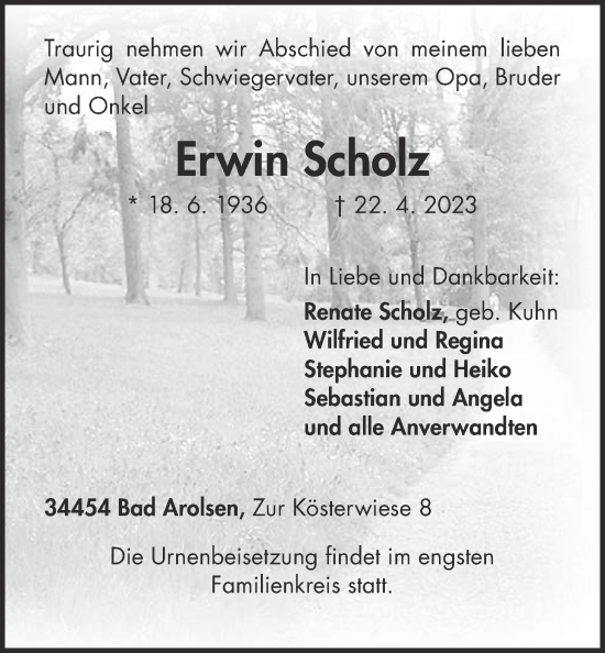 Traueranzeige von Erwin Scholz von Kreis-Anzeiger