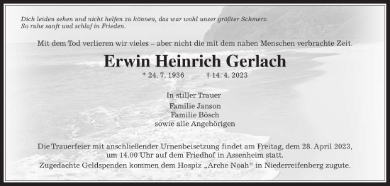 Traueranzeige von Erwin Heinrich Gerlach von Wetterauer Zeitung