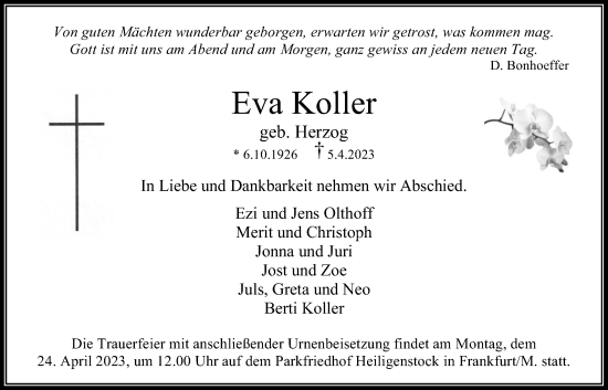 Traueranzeige von Eva Koller von Bad Vilbel/Karben