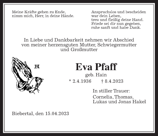 Traueranzeige von Eva Pfaff von Giessener Allgemeine, Alsfelder Allgemeine