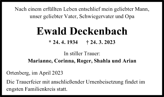 Traueranzeige von Ewald Deckenbach von Kreis-Anzeiger