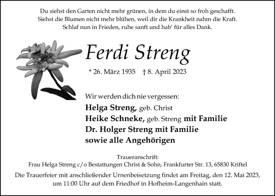 Traueranzeige von Ferdi Streng 