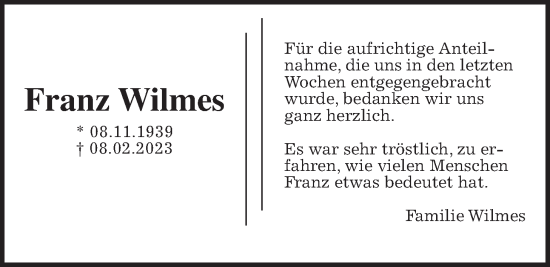 Traueranzeige von Franz Wilmes von Wetterauer Zeitung, Giessener Allgemeine, Alsfelder Allgemeine, Giessener Anzeiger