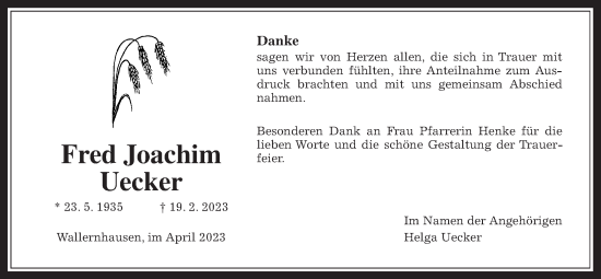 Traueranzeige von Fred Joachim Uecker von Kreis-Anzeiger