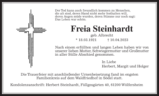 Traueranzeige von Freia Steinhardt von Wetterauer Zeitung