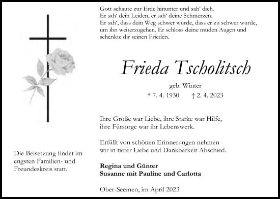 Traueranzeige von Frieda Tscholitsch von Kreis-Anzeiger