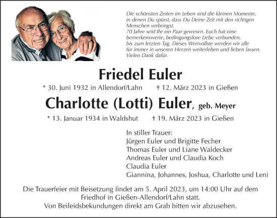 Traueranzeige von Friedel Euler von Giessener Anzeiger, Giessener Allgemeine, Alsfelder Allgemeine
