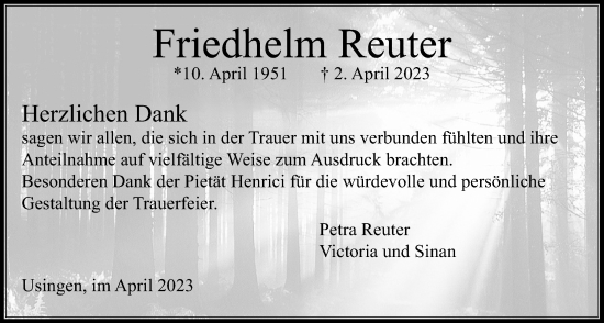 Traueranzeige von Friedhelm Reuter von Usinger Anzeiger