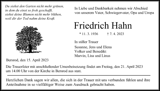 Traueranzeige von Friedrich Hahn von Giessener Allgemeine, Alsfelder Allgemeine, Giessener Anzeiger