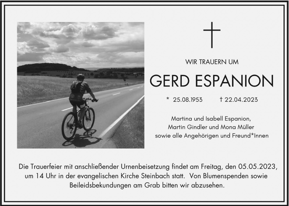  Traueranzeige für Gerd Espanion vom 29.04.2023 aus Giessener Anzeiger, Giessener Allgemeine, Alsfelder Allgemeine