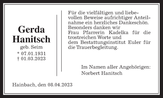 Traueranzeige von Gerda Hanitsch von Alsfelder Allgemeine