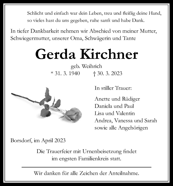 Traueranzeige von Gerda Kirchner von Kreis-Anzeiger