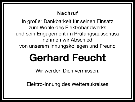 Traueranzeige von Gerhard Feucht von Wetterauer Zeitung