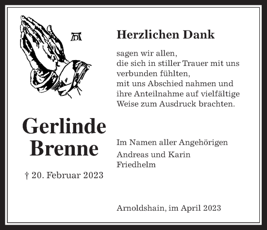 Traueranzeige von Gerlinde Brenne von Usinger Anzeiger