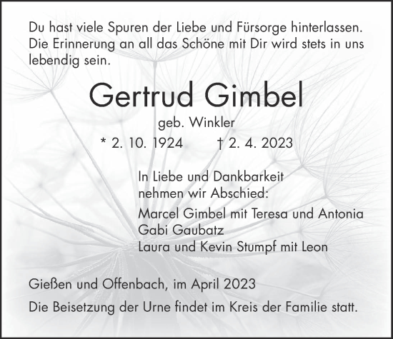 Traueranzeige von Gertrud Gimbel von Giessener Allgemeine, Alsfelder Allgemeine