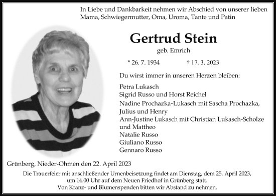 Traueranzeige von Gertrud Stein von Giessener Allgemeine, Alsfelder Allgemeine