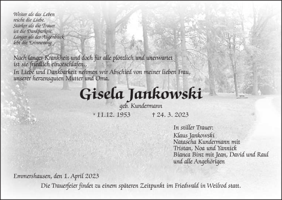 Traueranzeige von Gisela Jankowski von Usinger Anzeiger