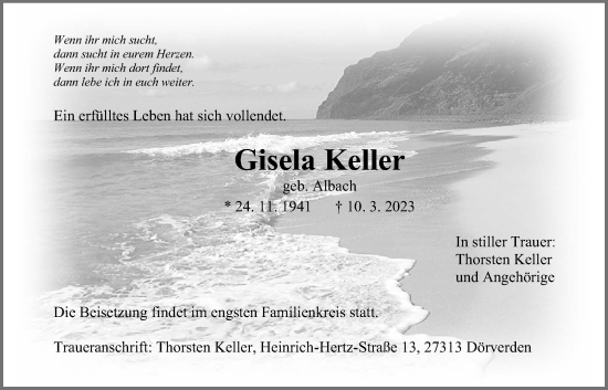 Traueranzeige von Gisela Keller von Giessener Anzeiger