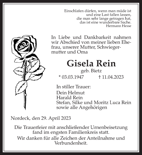 Traueranzeige von Gisela Rein von Giessener Allgemeine, Alsfelder Allgemeine