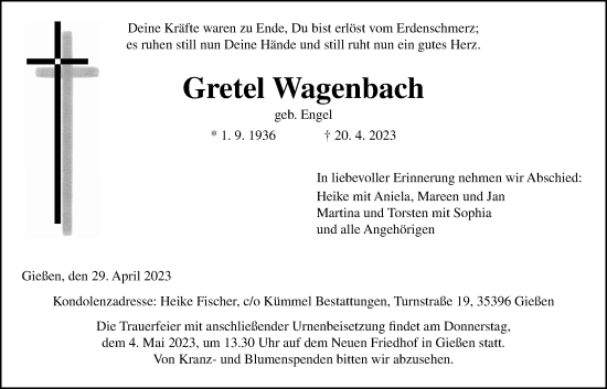 Traueranzeige von Gretel Wagenbach von Giessener Anzeiger, Giessener Allgemeine, Alsfelder Allgemeine