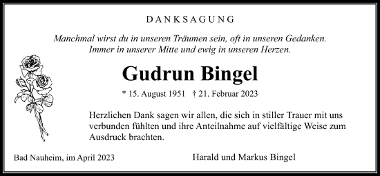 Traueranzeige von Gudrun Bingel von Wetterauer Zeitung