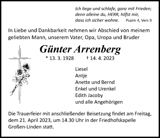 Traueranzeige von Günter Arrenberg von Giessener Allgemeine, Alsfelder Allgemeine, Giessener Anzeiger
