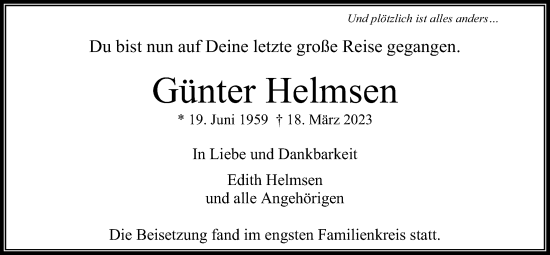 Traueranzeige von Günter Helmsen von Usinger Anzeiger