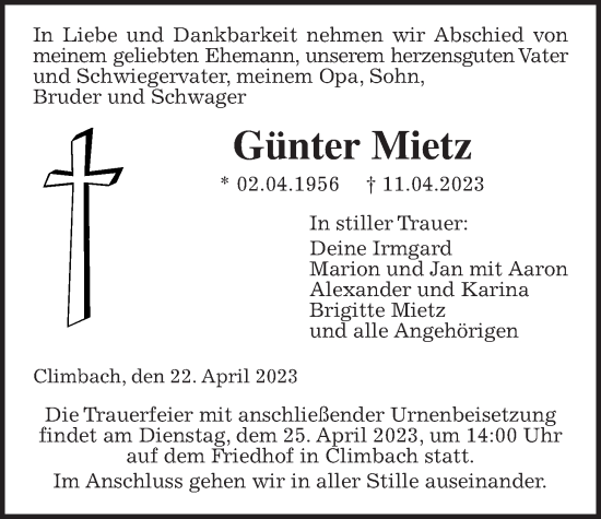 Traueranzeige von Günter Mietz von Giessener Allgemeine, Alsfelder Allgemeine, Giessener Anzeiger