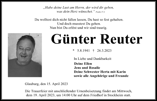 Traueranzeige von Günter Reuter von Kreis-Anzeiger