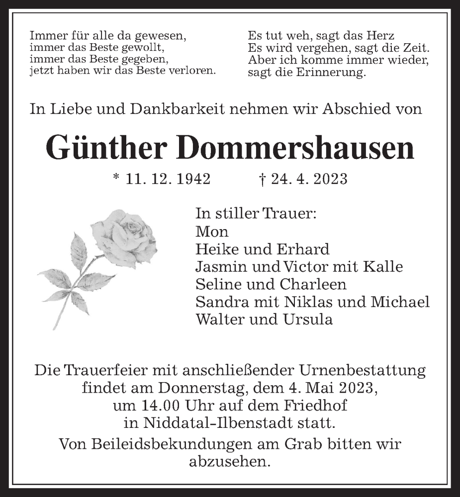  Traueranzeige für Günther Dommershausen vom 29.04.2023 aus Wetterauer Zeitung
