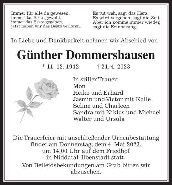 Traueranzeige von Günther Dommershausen von Wetterauer Zeitung
