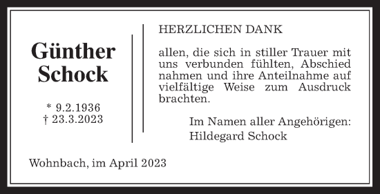 Traueranzeige von Günther Schock von Wetterauer Zeitung