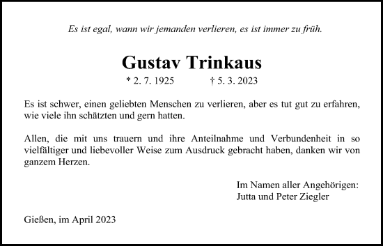 Traueranzeige von Gustav Trinkaus von Giessener Allgemeine, Alsfelder Allgemeine, Giessener Anzeiger