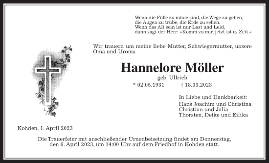 Traueranzeige von Hannelore Möller von Kreis-Anzeiger