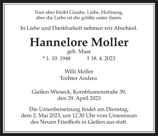 Traueranzeige von Hannelore Moller von Giessener Allgemeine, Alsfelder Allgemeine