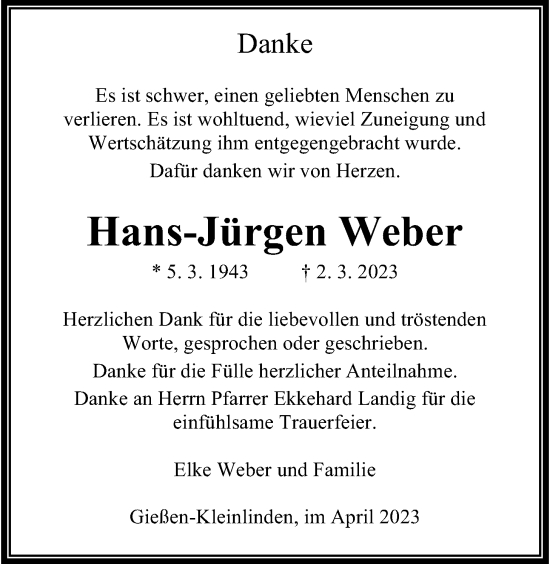 Traueranzeige von Hans-Jürgen Weber von Giessener Allgemeine, Alsfelder Allgemeine, Giessener Anzeiger