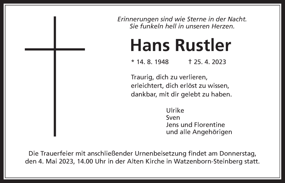  Traueranzeige für Hans Rustler vom 29.04.2023 aus Giessener Anzeiger, Giessener Allgemeine, Alsfelder Allgemeine