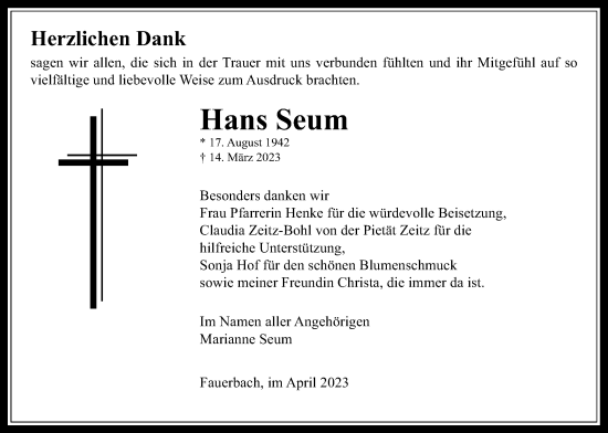 Traueranzeige von Hans Seum von Kreis-Anzeiger
