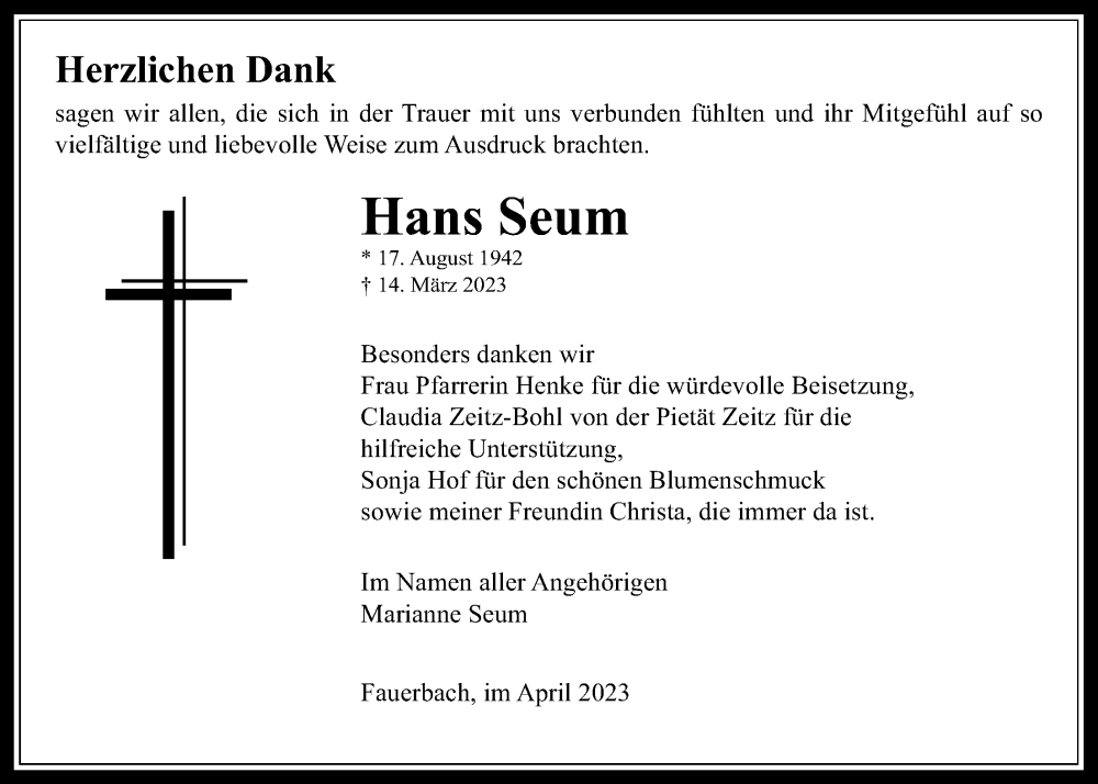  Traueranzeige für Hans Seum vom 29.04.2023 aus Kreis-Anzeiger