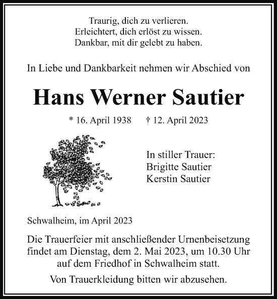 Traueranzeige von Hans Werner Sautier von Wetterauer Zeitung