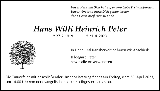 Traueranzeige von Hans Willi Heinrich Peter von Giessener Anzeiger