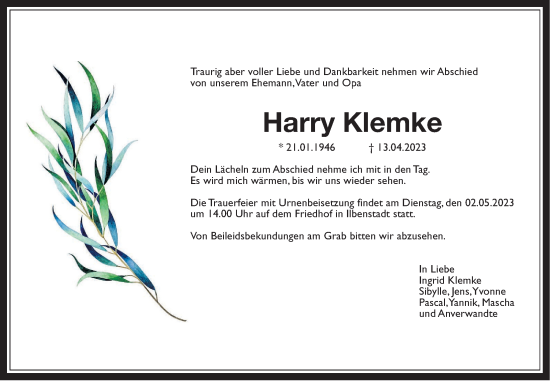 Traueranzeige von Harry Klemke von Wetterauer Zeitung