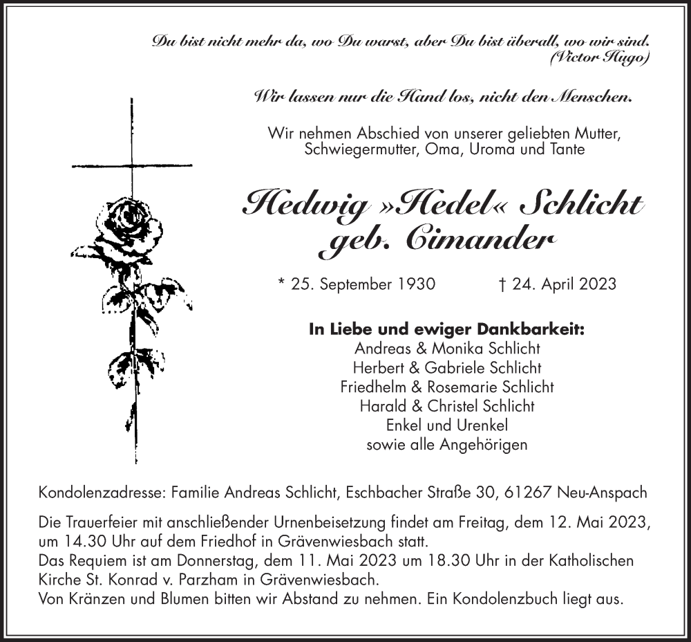  Traueranzeige für Hedwig Schlicht vom 29.04.2023 aus Usinger Anzeiger