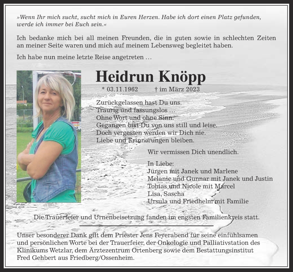  Traueranzeige für Heidrun Knöpp vom 04.04.2023 aus Kreis-Anzeiger