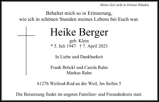 Traueranzeige von Heike Berger von Usinger Anzeiger