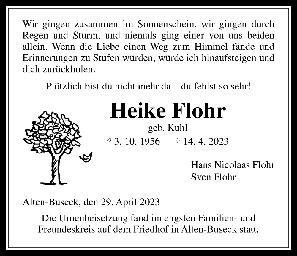  Traueranzeige für Heike Flohr vom 29.04.2023 aus Giessener Allgemeine, Alsfelder Allgemeine